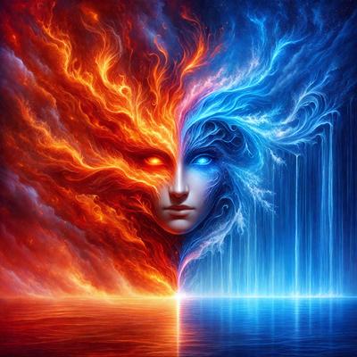 The primary subject of the image is a face, which is the main object, scene, or focus of the image. The face is depicted in a digital art style, with a mix of red and blue colors. The setting or background of the image features a body of water, which adds to the overall atmosphere of the scene. The colors and mood of the image are vibrant and dynamic, with the red and blue hues creating a sense of contrast and depth.